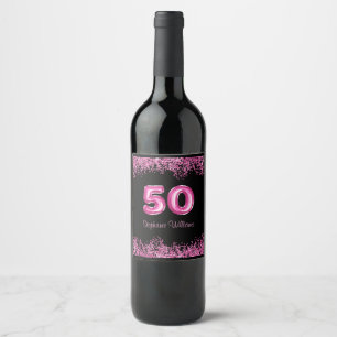 50th Birthday Hot Pink Balloons   Faux Glitter Wine Label