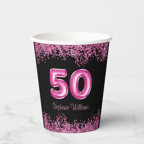 50th Birthday Hot Pink Balloons Glitter Party  Paper Cups
