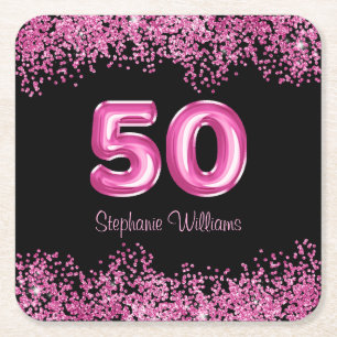 50th Birthday Hot Pink Balloons Glitter Party Square Paper Coaster
