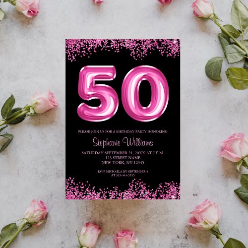 50th Birthday Hot Pink Balloons Gllitter Party Invitation