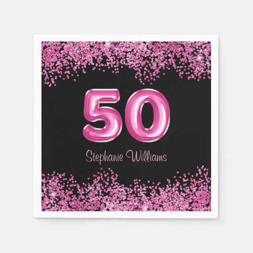 50th Birthday Hot Pink Balloons Gllitter Party  Napkins