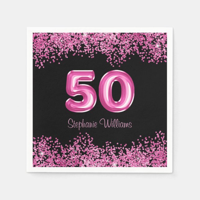 50th Birthday Hot Pink Balloons Gllitter Party  Napkins (Front)