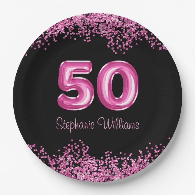 50th Birthday Hot Pink Balloons Gllitter Party  Paper Plates (Front)