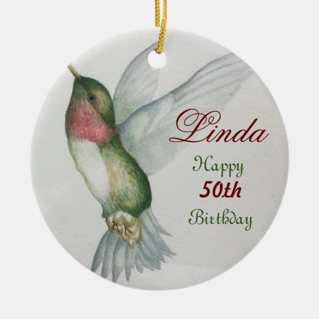 50th Birthday Hummingbird Keepsake Watercolor Ceramic Ornament (Front)
