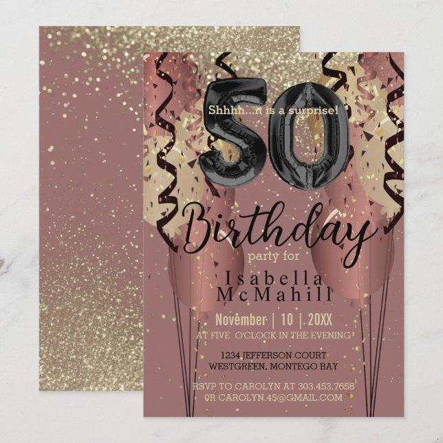 50th Birthday in Black and Rose Gold Glitter  Invitation (Front/Back)