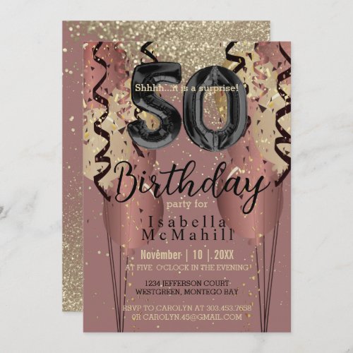 50th Birthday in Black and Rose Gold Glitter  Invitation