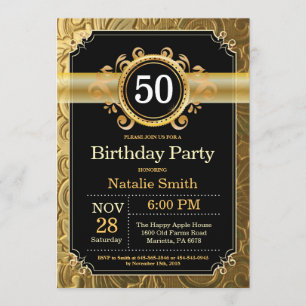 50th Birthday Invitation Black and Gold Glitter