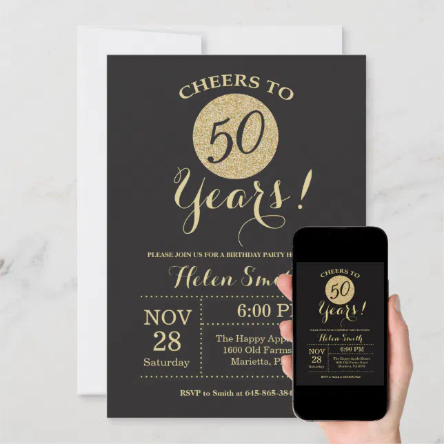 50th Birthday Invitation Black and Gold Glitter | Zazzle