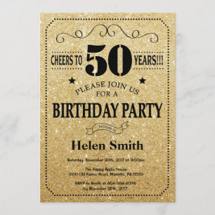 50th Birthday Invitation Black and Gold Glitter