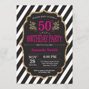 50th Birthday Invitation. Black and Gold Glitter Invitation