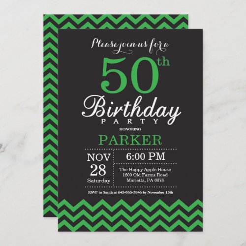 50th Birthday Invitation Black and Green Chevron