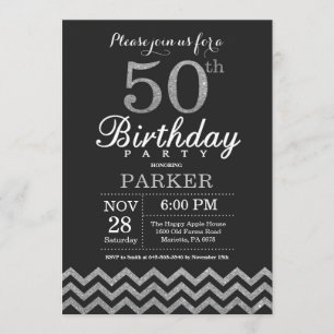 50th Birthday Invitation Black and Silver Glitter