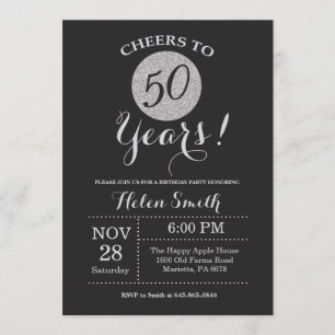 50th Birthday Invitation Black and Silver Glitter
