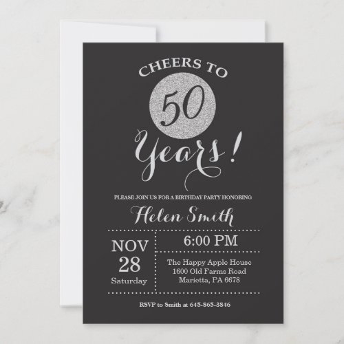 50th Birthday Invitation Black and Silver Glitter