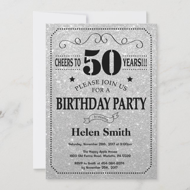 50th Birthday Invitation Black and Silver Glitter (Front)