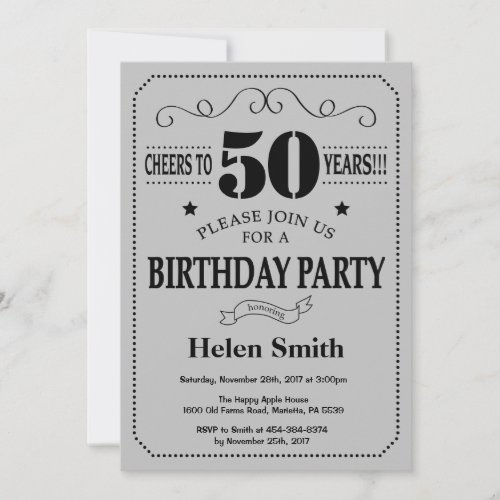 50th Birthday Invitation Black and Silver Gray