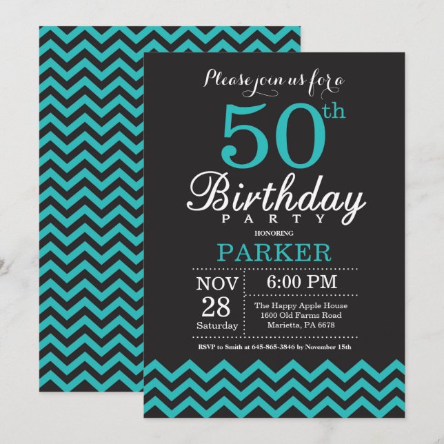 50th Birthday Invitation Black and Teal (Front/Back)