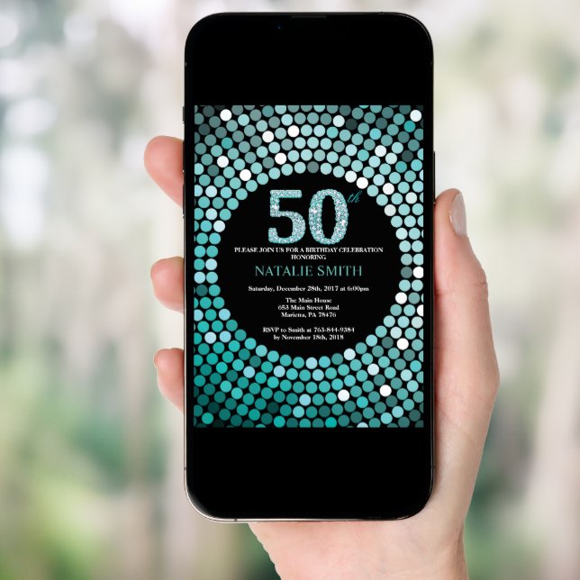 50th Birthday Invitation Black and Teal Glitter (Front Digital)
