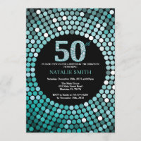 50th Birthday Invitation Black and Teal Glitter