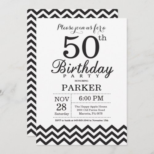 50th Birthday Invitation Black and White Chevron