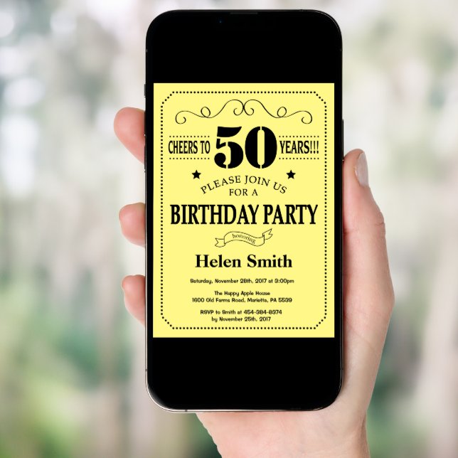 50th Birthday Invitation Black and Yellow (Front Digital)