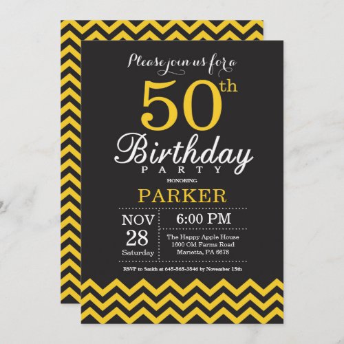 50th Birthday Invitation Black and Yellow Chevron