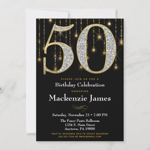 50th Birthday Invitation Black Gold Diamonds Adult