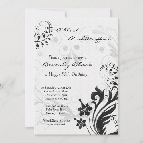 50th Birthday Invitation  Black White Floral