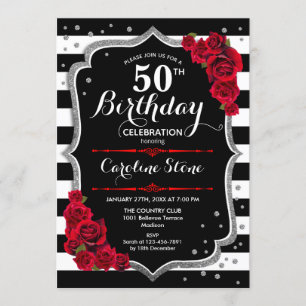 50th Birthday Invitation Black White Stripes Roses