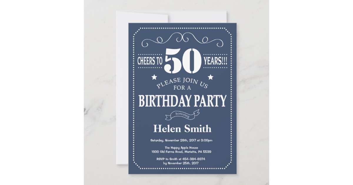 50th Birthday Invitation Blue and White | Zazzle