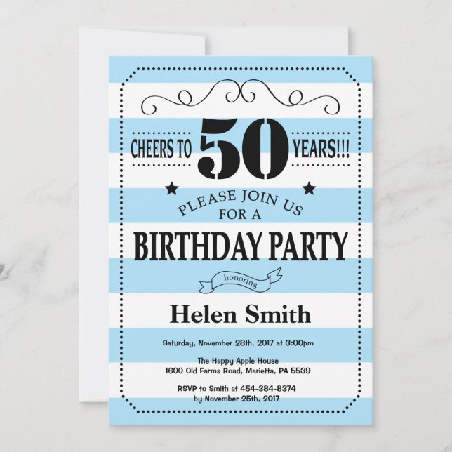 50th Birthday Invitation Blue and White Stripes (Front)