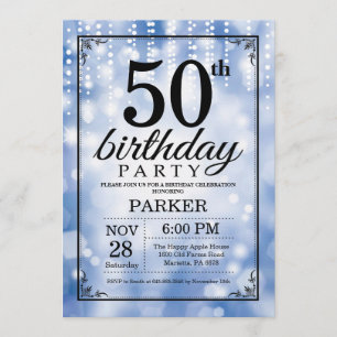 50th Birthday Invitation Blue Glitter