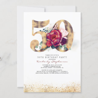 50th Birthday Invitation - Burgundy Red and Gold