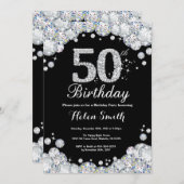 50th Birthday Invitation Chalkboard Silver Diamond (Front/Back)