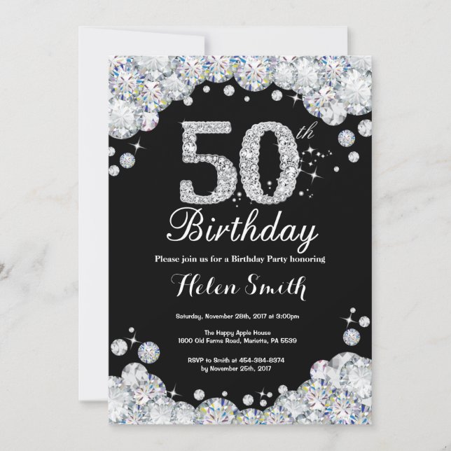 50th Birthday Invitation Chalkboard Silver Diamond (Front)
