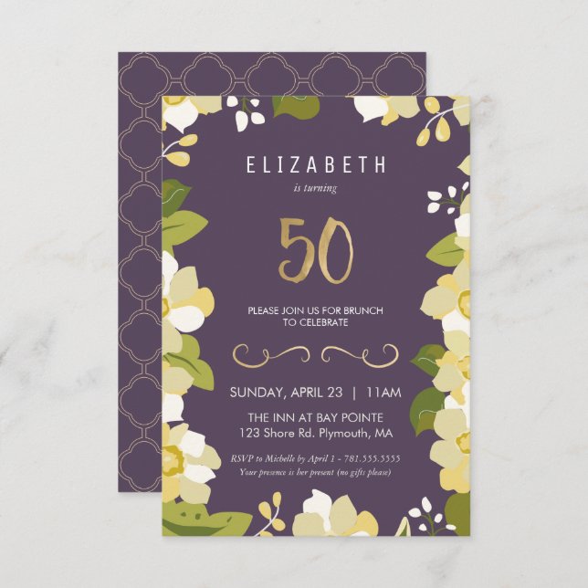 50th Birthday Invitation Customize Floral Fiftieth (Front/Back)