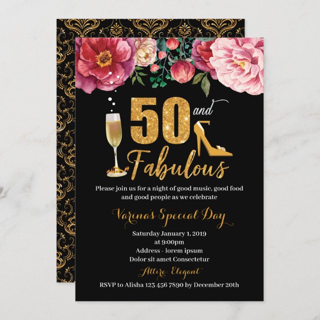 50th Birthday Invitation for Women (Front/Back)