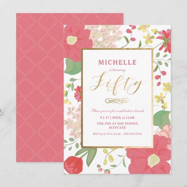 50th Birthday Invitation - Gold, Elegant Floral (Front/Back)