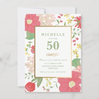 50th Birthday Invitation - Gold, Elegant Flowers | Zazzle