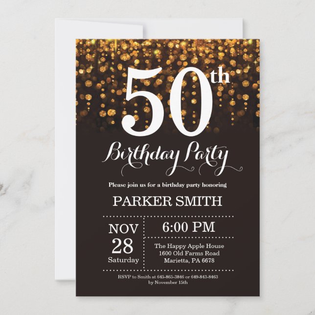 50th Birthday Invitation Gold Glitter (Front)