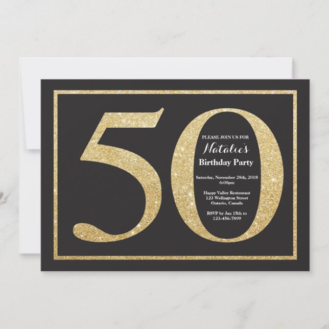 50th Birthday Invitation Gold Glitter Chalkboard (Front)