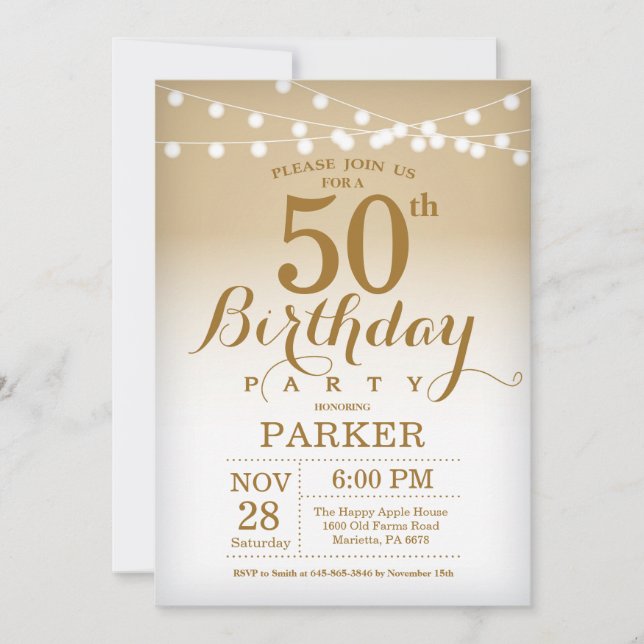 50th Birthday Invitation Gold String Lights (Front)