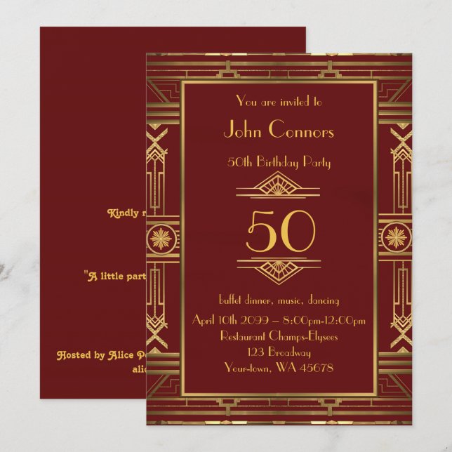 50th, Birthday invitation Man 50th, Gatsby style (Front/Back)
