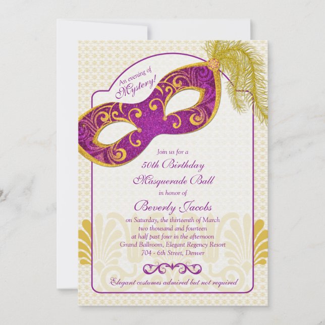 50th Birthday Invitation | Masquerade Ball (Front)