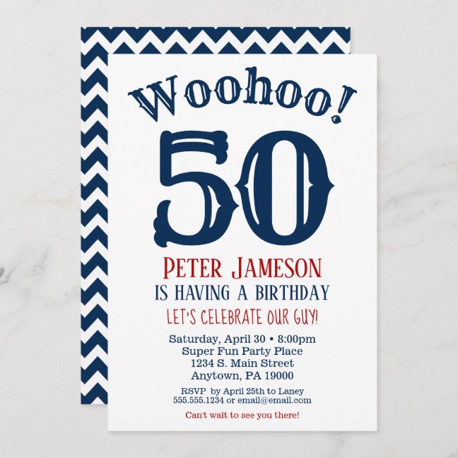 Men's 50th Birthday Invitation - Blue Chevron