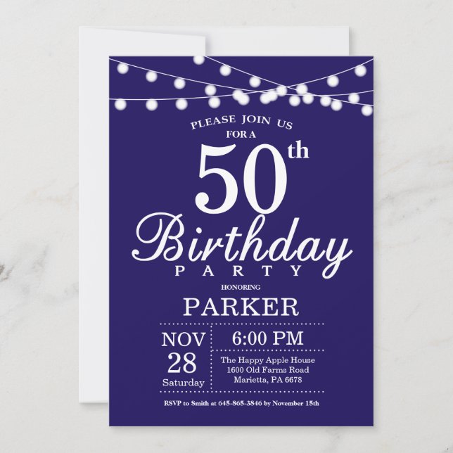 50th Birthday Invitation Navy Blue (Front)