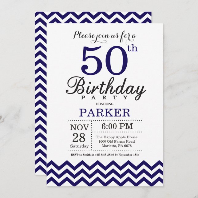50th Birthday Invitation Navy Blue Chevron (Front/Back)
