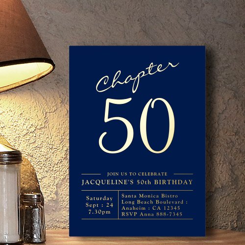 50th Birthday Invitation Navy Blue Gold Foil Invitation