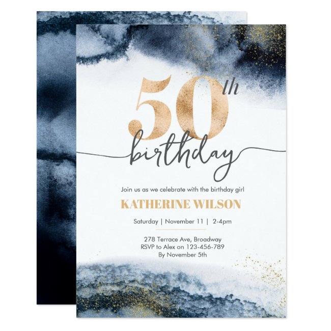 50th birthday invitation Navy watercolor and gold