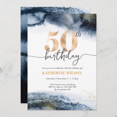 50th birthday invitation Navy watercolor and gold